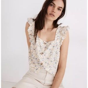 Madewell yellow and blue ruffle strap button front tank top XS
